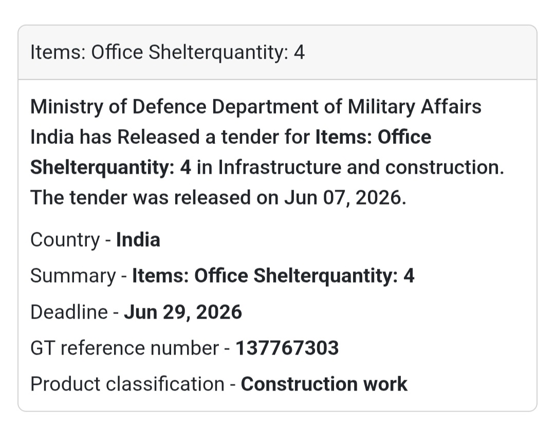 📍 India | Office Shelter 🏗️ Tender Alert – Ministry of Defence