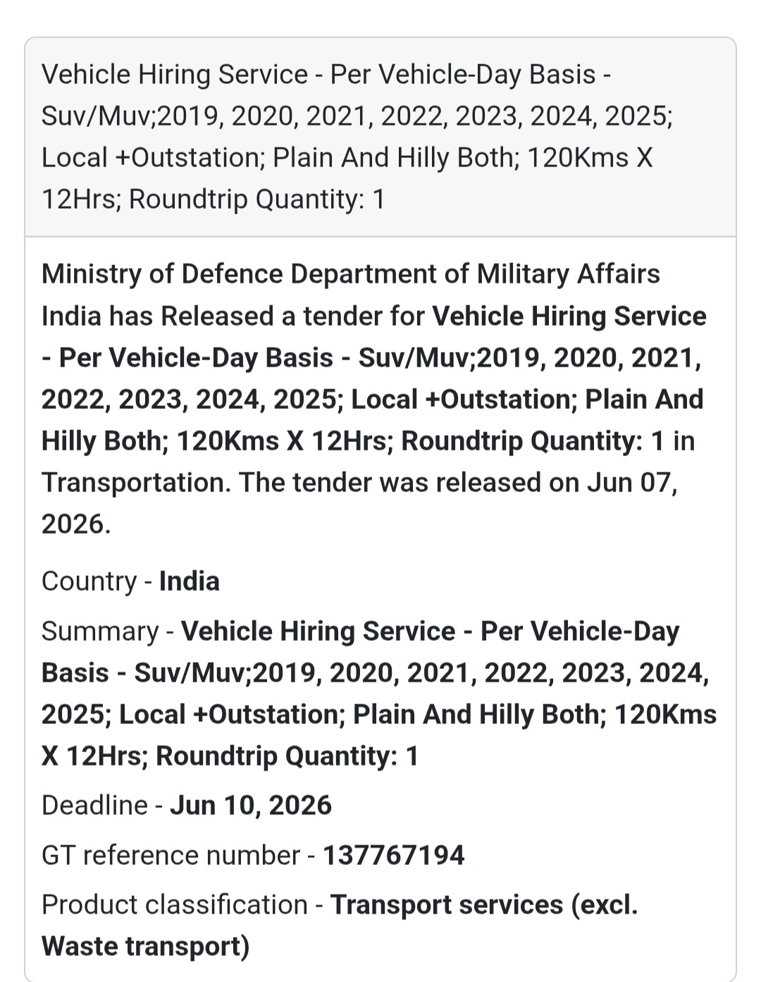 📍 India | Vehicle Hiring Service Tender 🚙