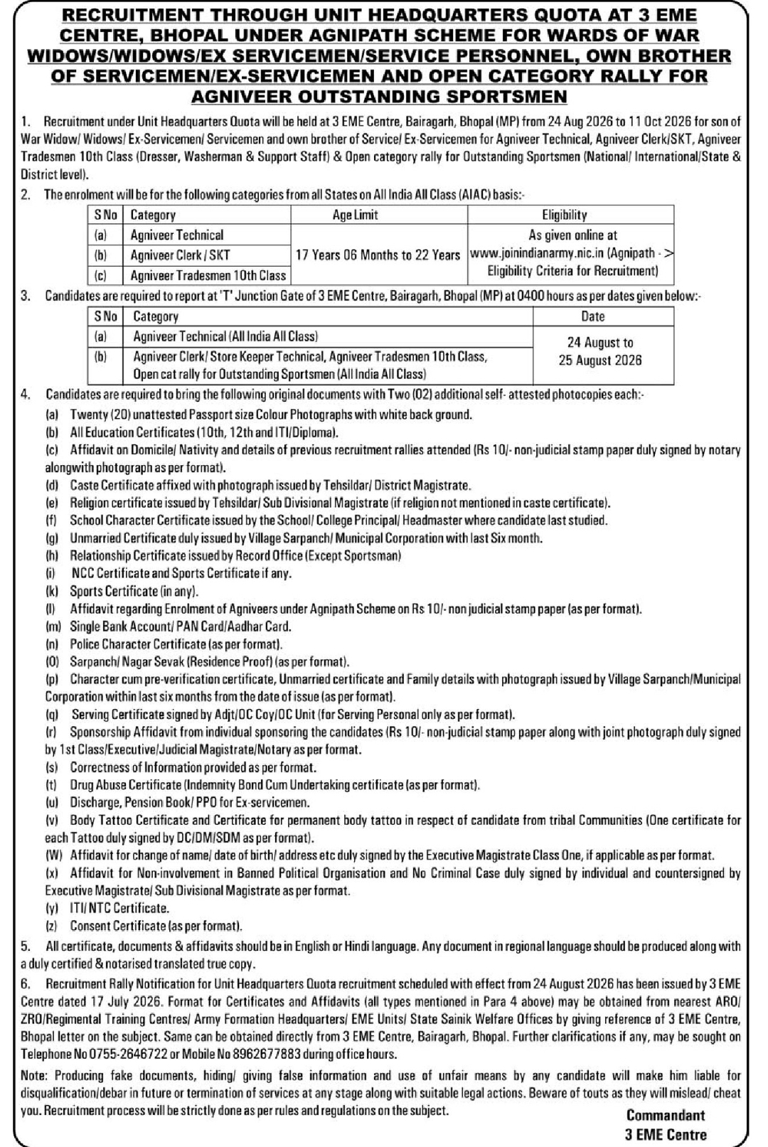 🇮🇳 Indian Army Agniveer Recruitment 2026 – Unit Headquarters Quota
