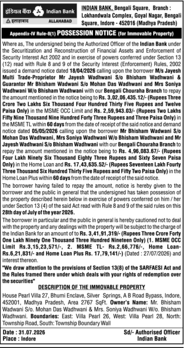 🏦 Indian Bank – Possession Notice – Indore