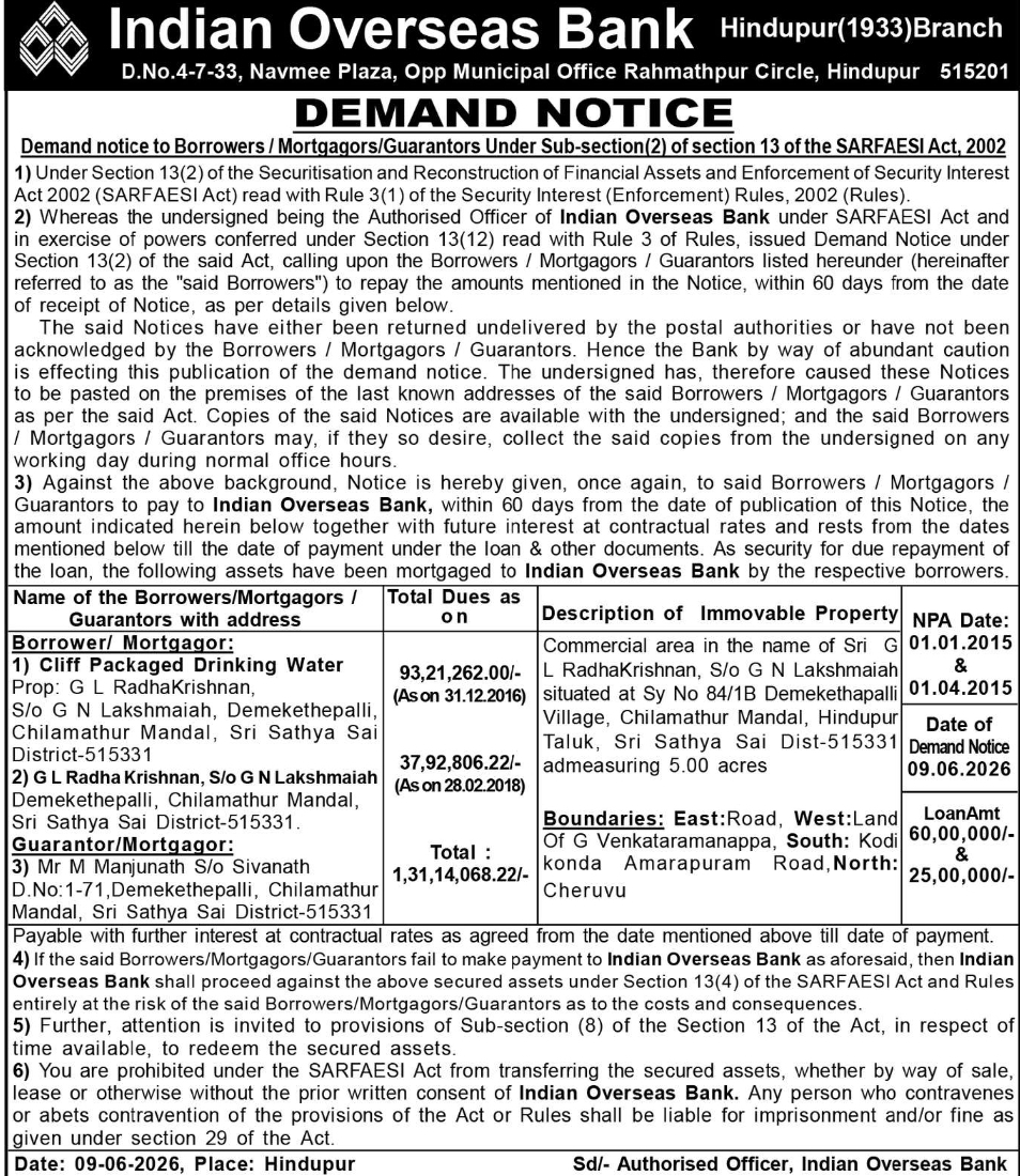 🏦 Indian Overseas Bank – Demand Notice