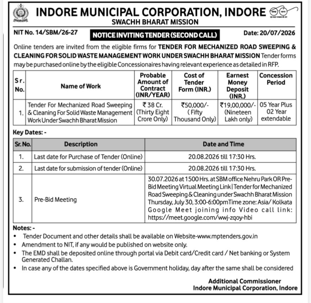 📢 Indore Municipal Corporation Invites Tender for Mechanized Road Sweeping