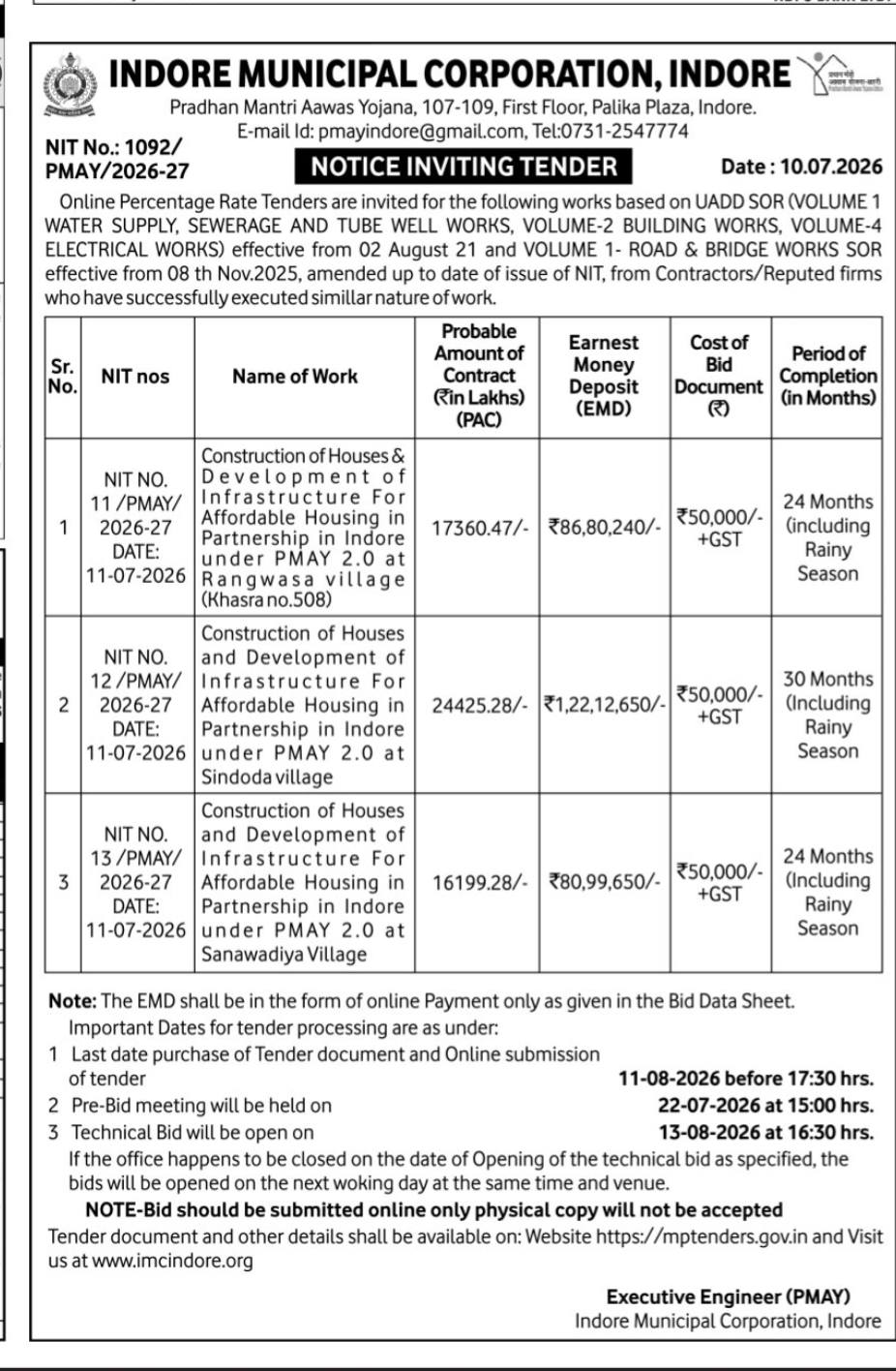 🏗️ Indore Municipal Corporation – Notice Inviting Tender (PMAY)