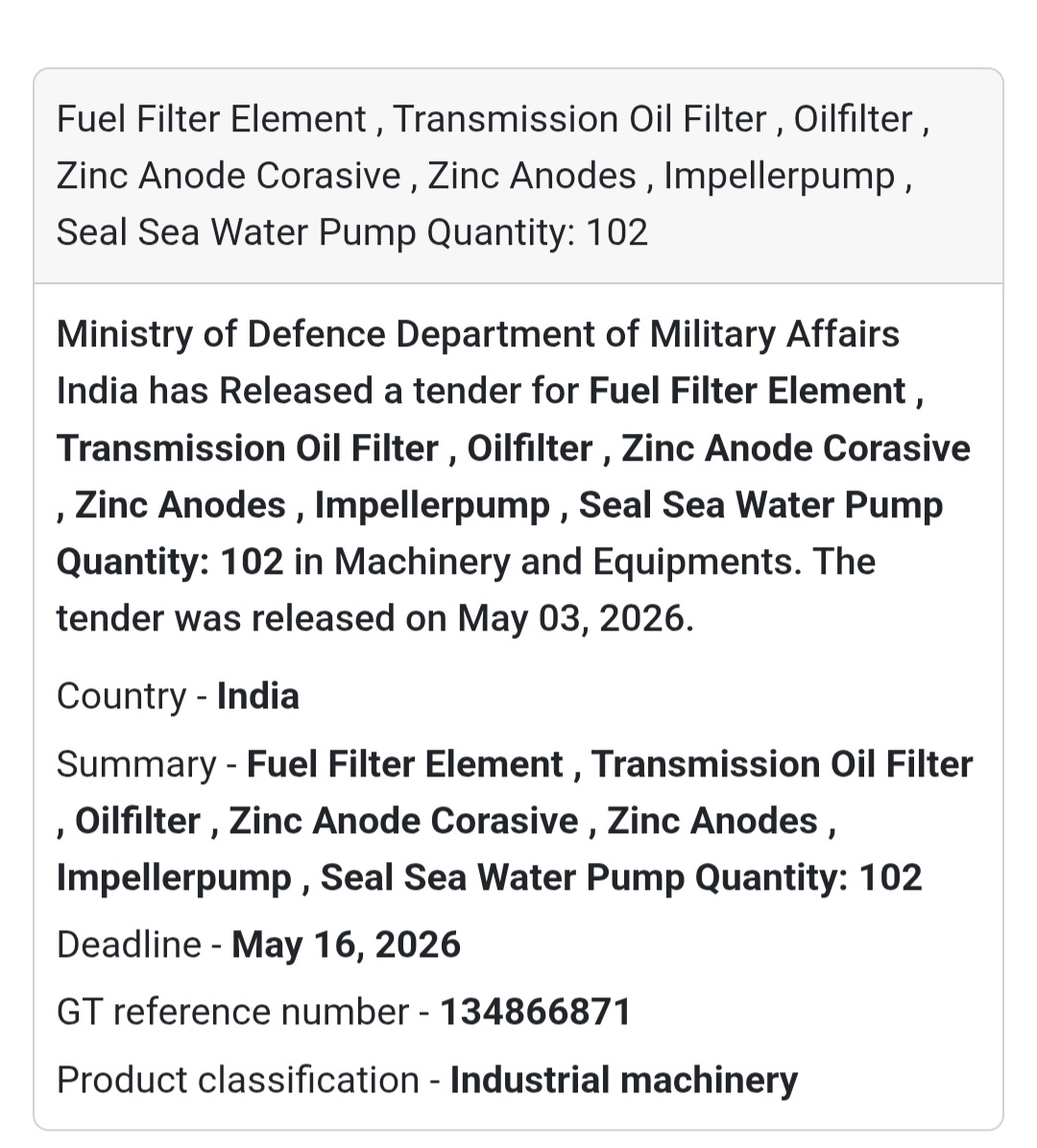 ⚙️ Industrial Machinery Parts Tender