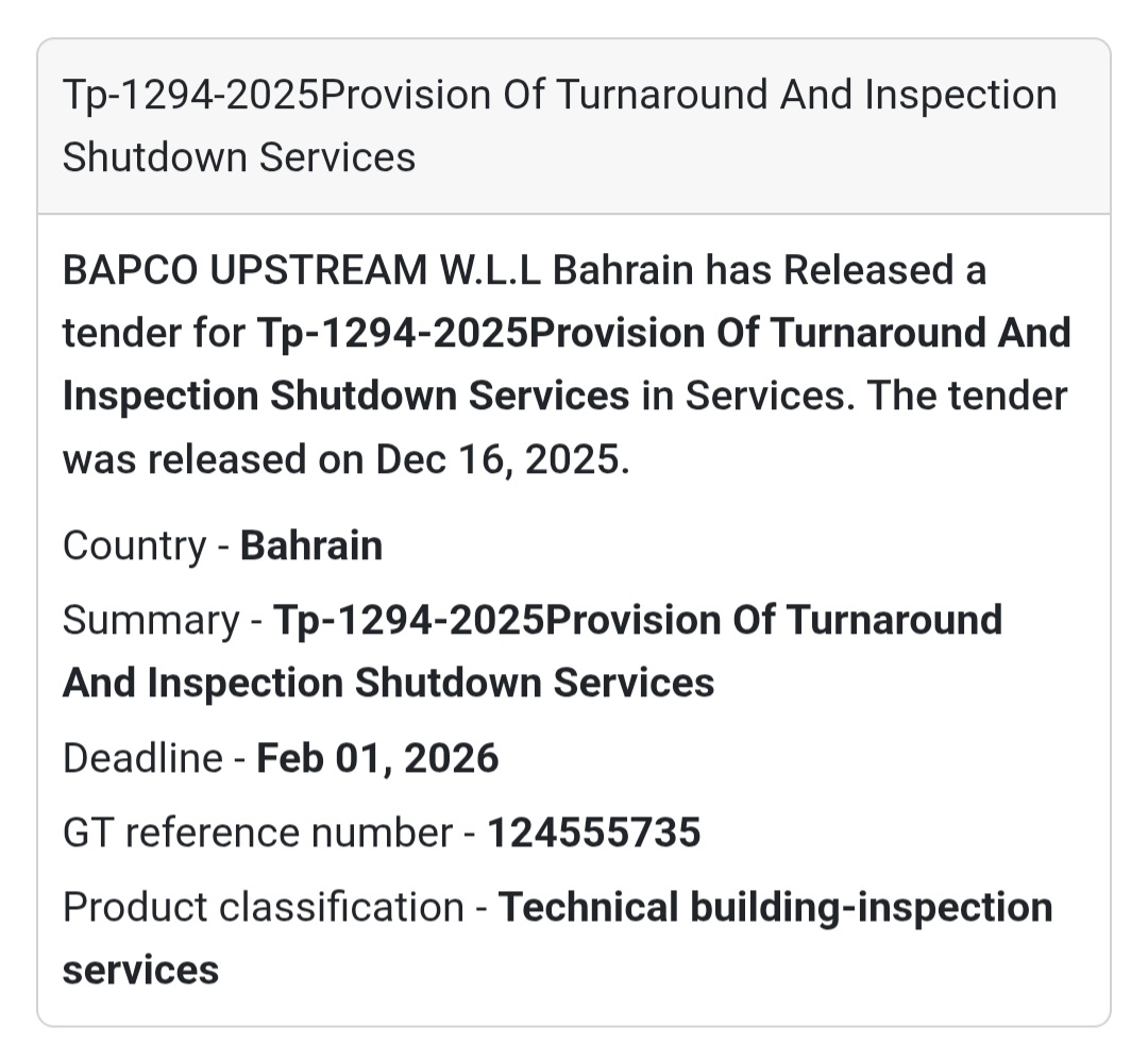 🔔 Industrial Services Tender | Bahrain 🇧🇭