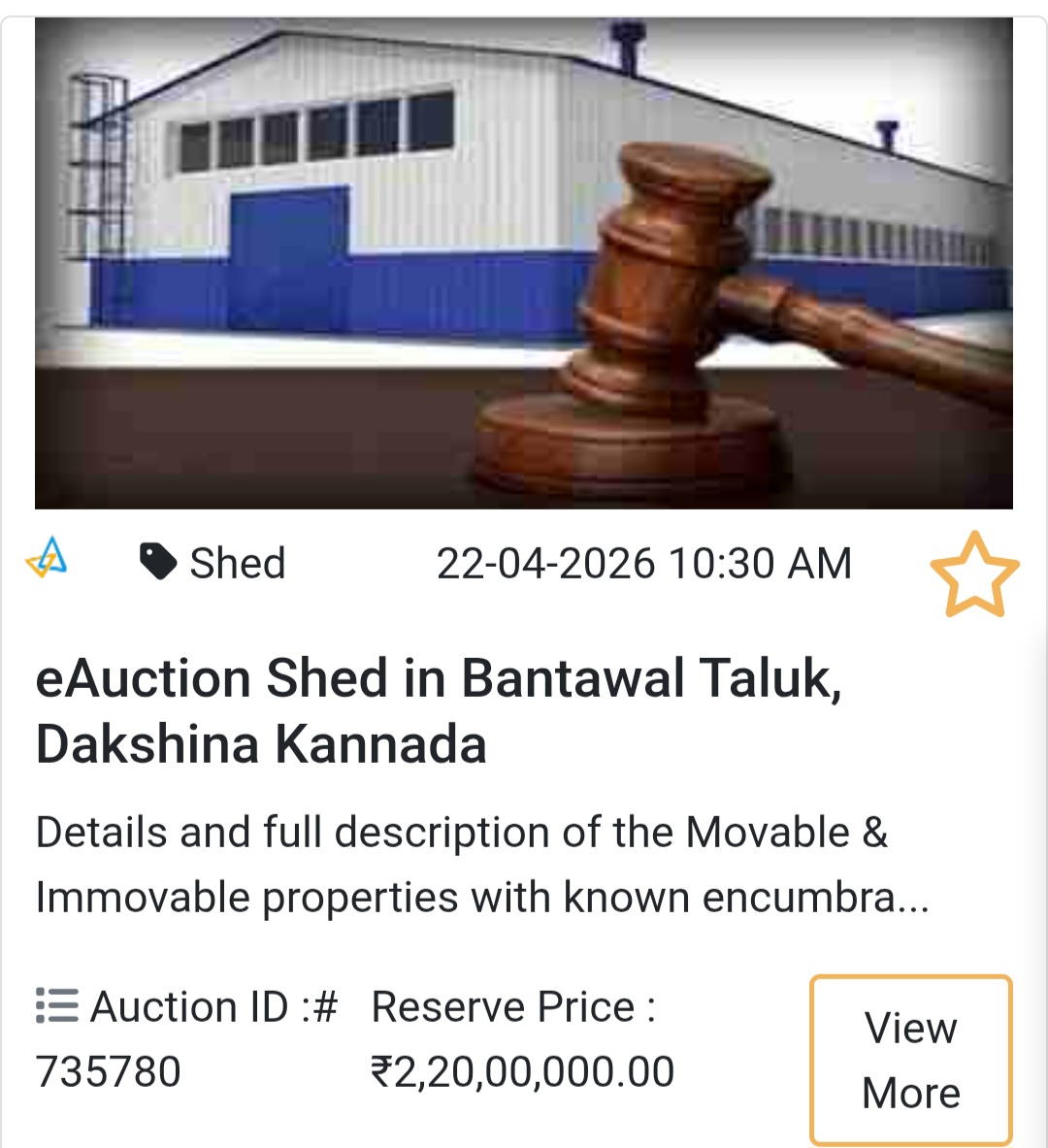 🏭 Industrial Shed Auction in Bantawal Taluk