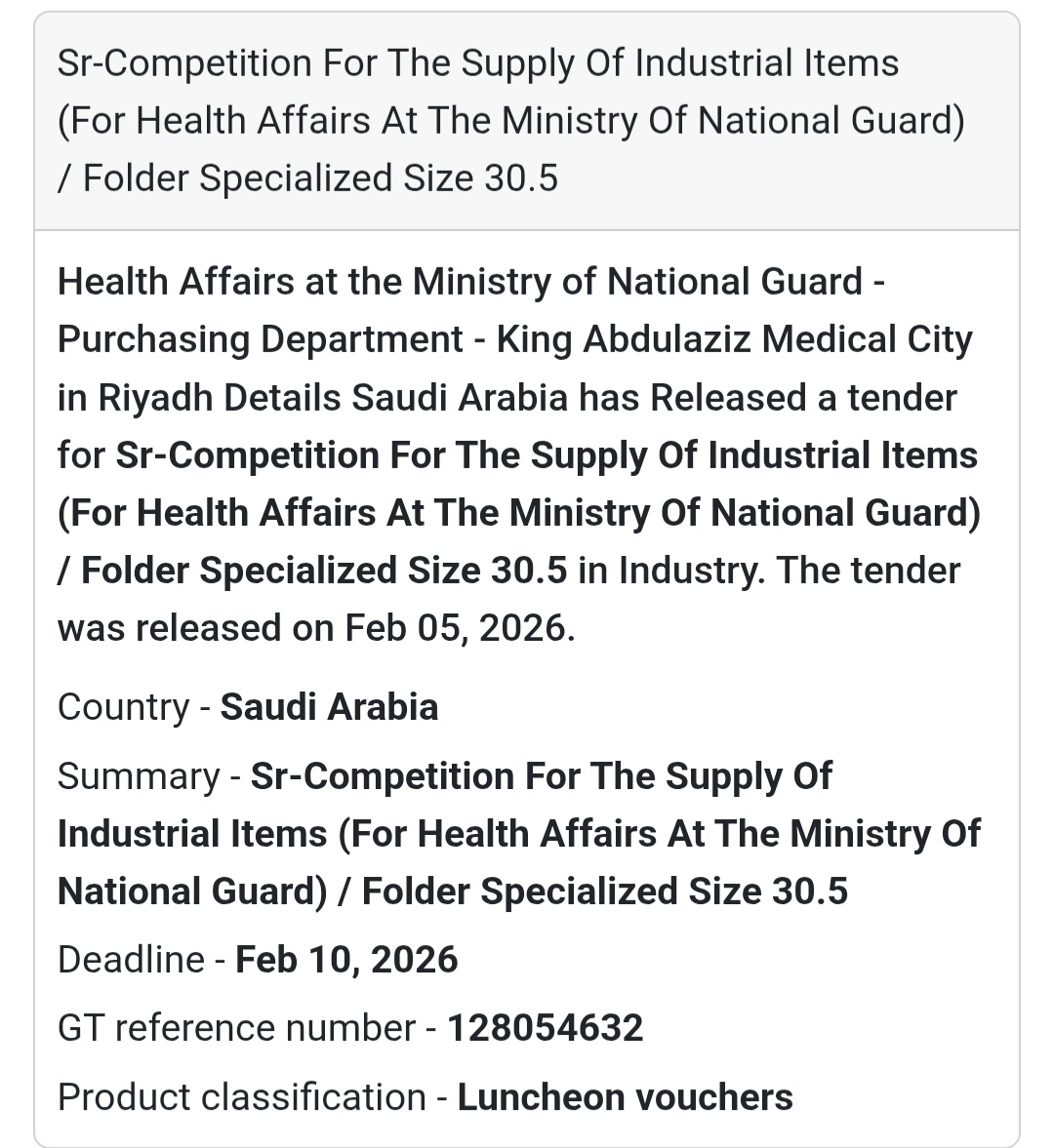 🏭 Industrial Supply Tender – Saudi Arabia