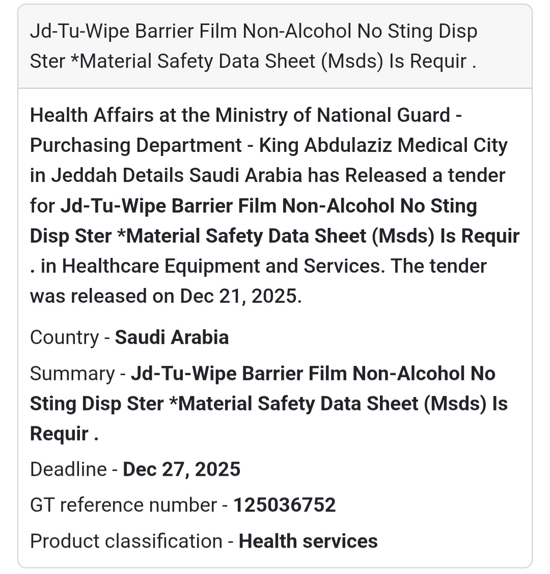 🧼 Infection Control Supplies Tender – Saudi Arabia