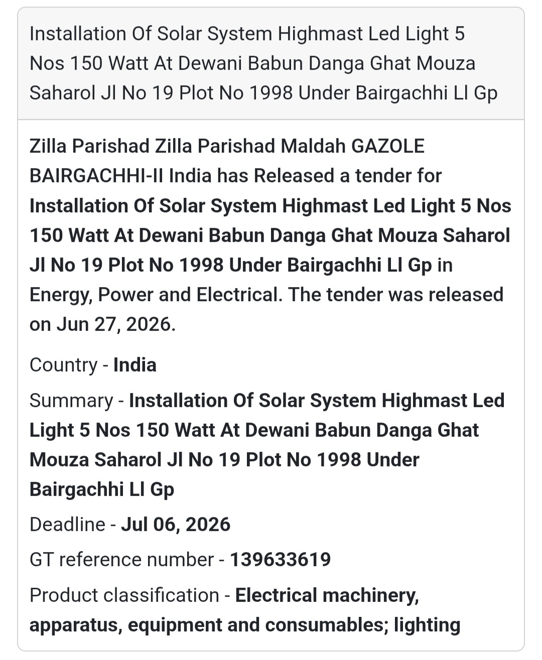 💡 Installation of Solar System High Mast LED Light (5 Nos, 150W) | 📍Saharol, Malda