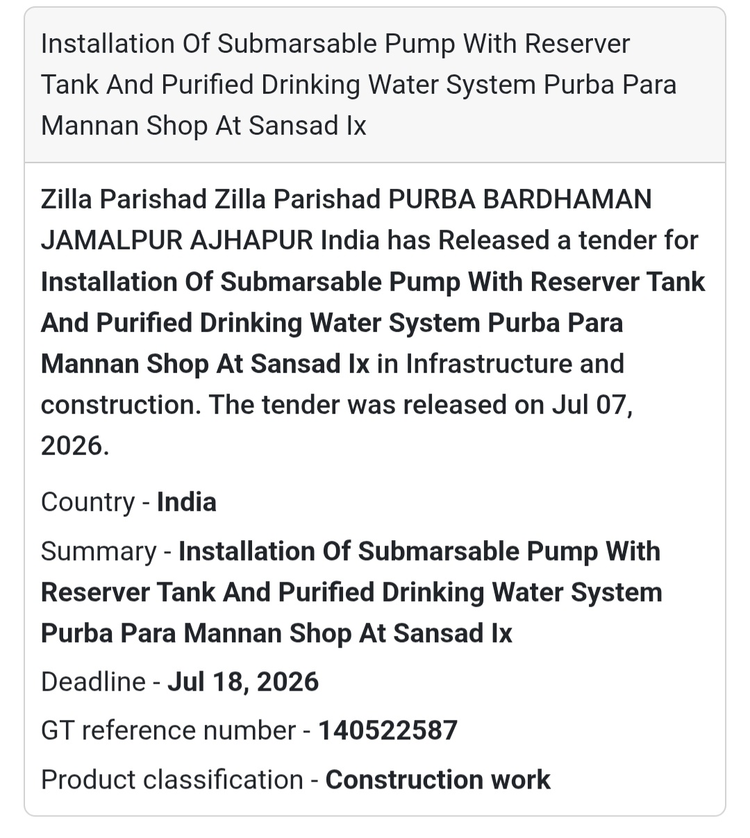 💧 Installation of Submersible Pump & Purified Drinking Water System (Purba Bardhaman, West Bengal)