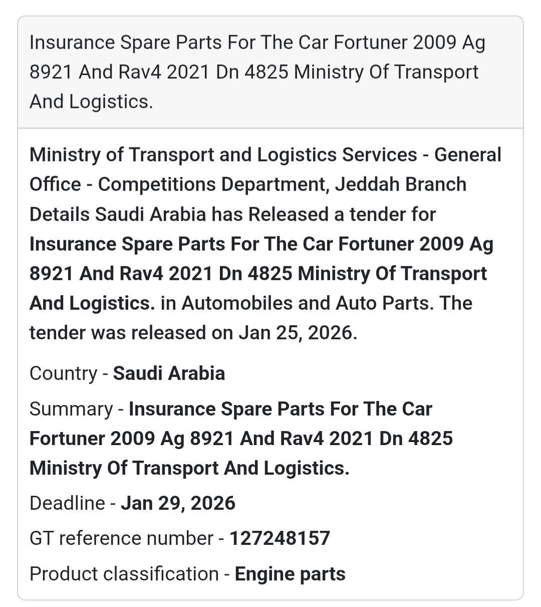 🚗 Insurance Spare Parts – Ministry of Transport