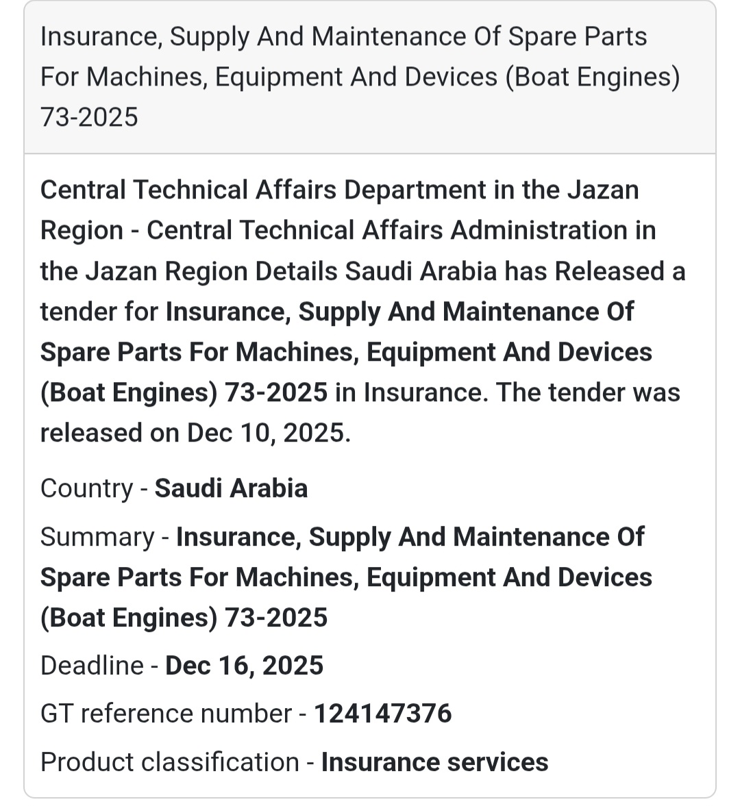 ⚙️ Insurance, Supply & Maintenance of Boat Engine Spare Parts (73-2025)