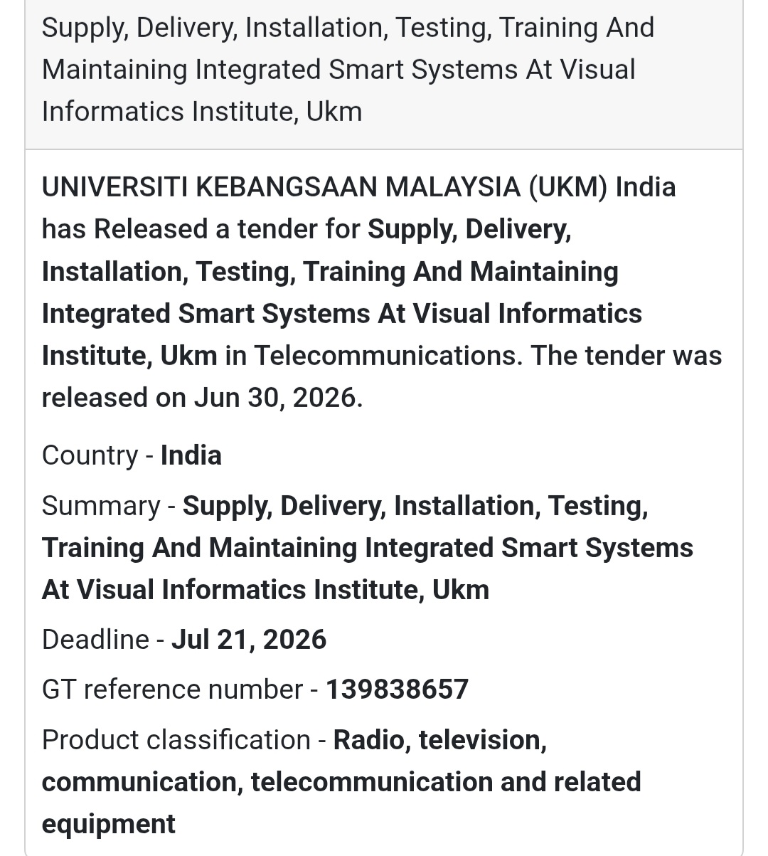 💻 Integrated Smart Systems Supply & Installation Tender – UKM, Bangi, Selangor, Malaysia