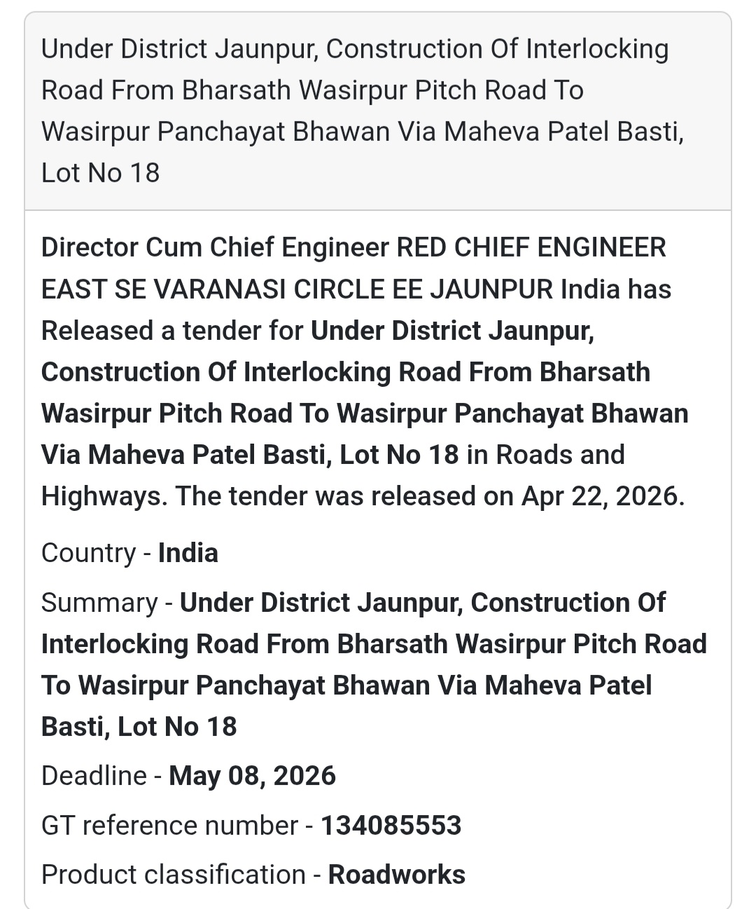 🛣️ Interlocking Road – Wasirpur (Lot 18)