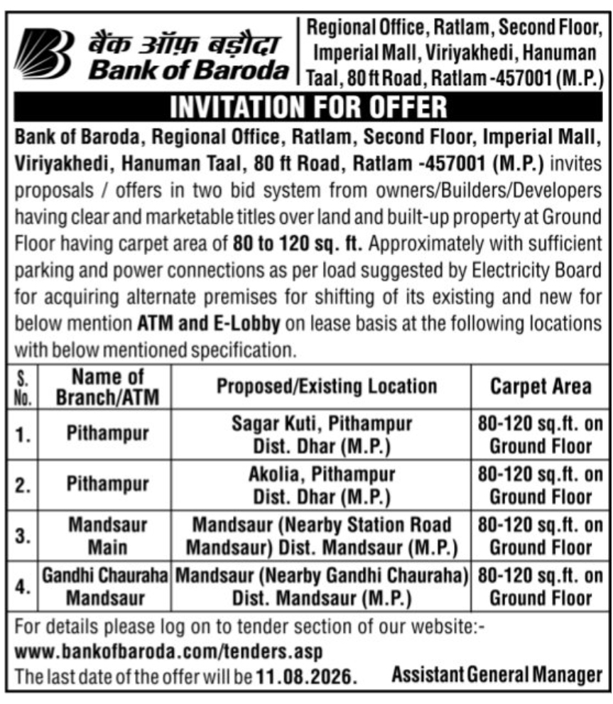 🏦 Invitation for Offer – Bank of Baroda ATM & E-Lobby Premises, Ratlam