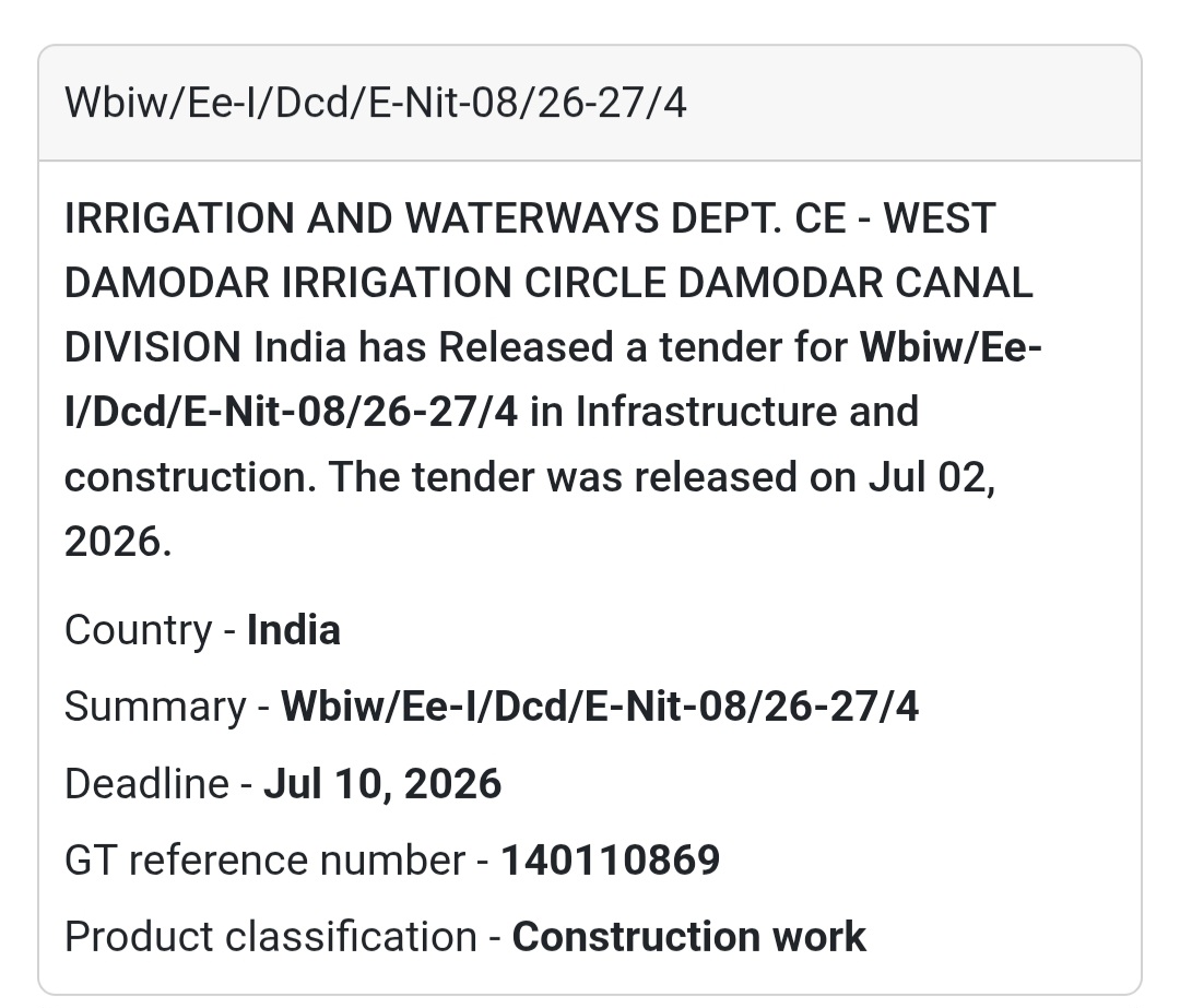 🚧 Irrigation & Waterways Civil Works Tender (E-Nit-08/26-27/4) | 📍West Bengal