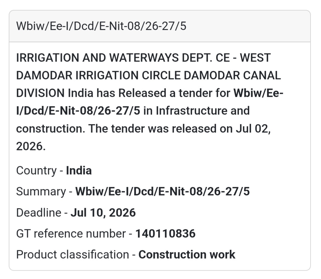 🚧 Irrigation & Waterways Civil Works Tender (E-NIT-08/26-27/5) | 📍West Bengal