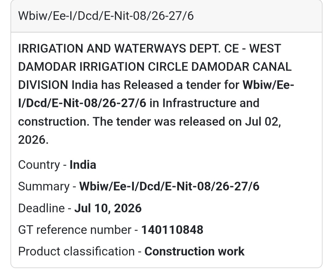 🚧 Irrigation & Waterways Civil Works Tender (E-NIT-08/26-27/6) | 📍West Bengal
