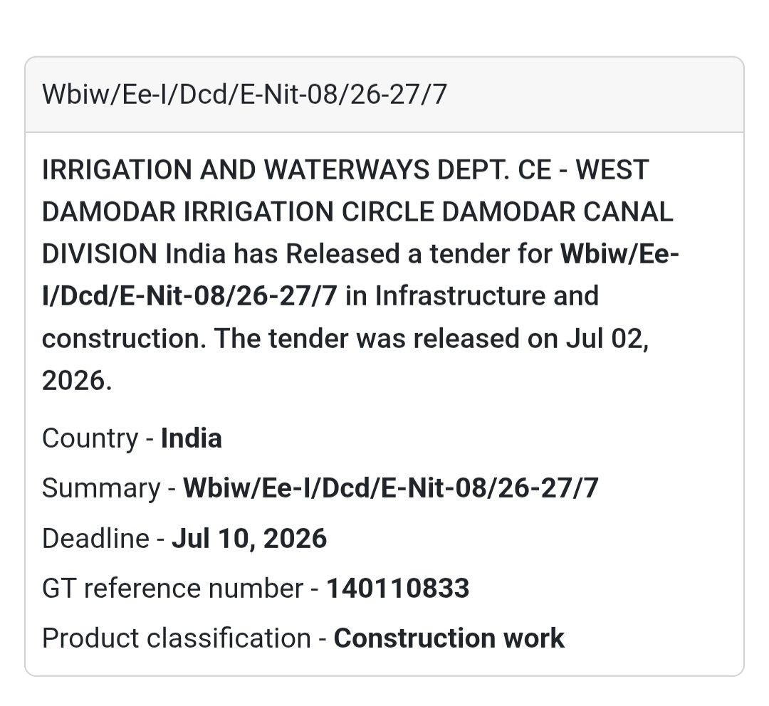 🚧 Irrigation & Waterways Civil Works Tender (E-NIT-08/26-27/7) | 📍West Bengal