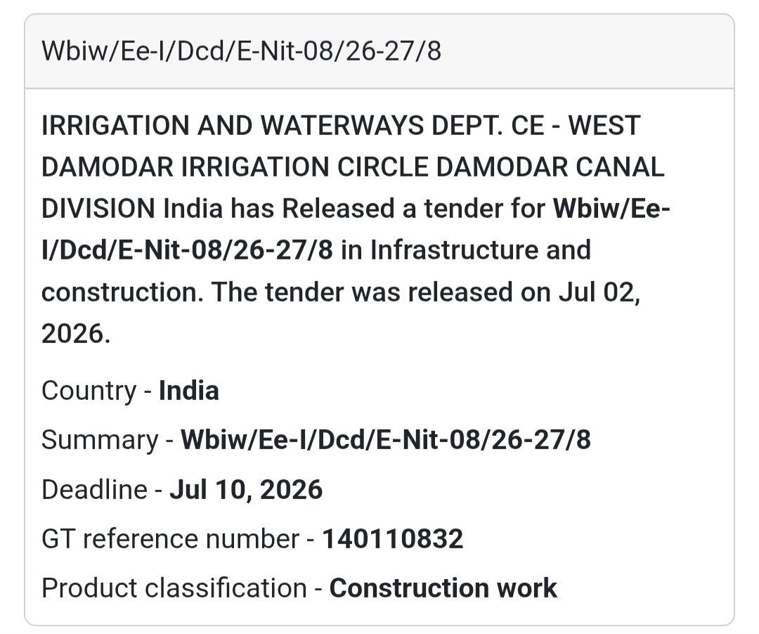🚧 Irrigation & Waterways Civil Works Tender (E-NIT-08/26-27/8) | 📍West Bengal