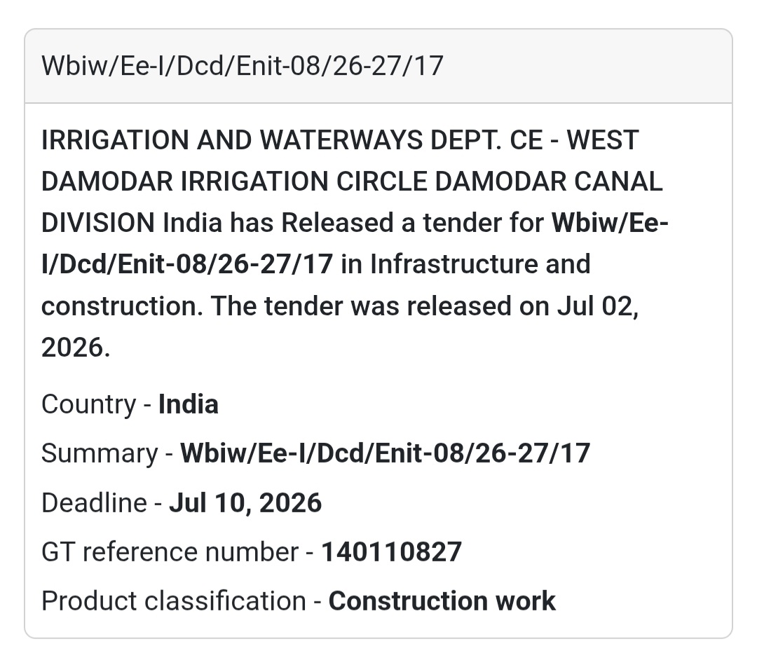 🚧 Irrigation & Waterways Civil Works Tender (Enit-08/26-27/17) | 📍West Bengal