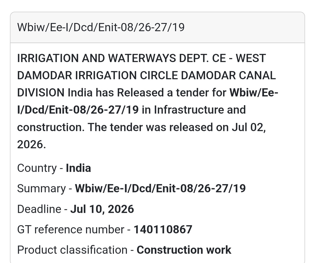🚧 Irrigation & Waterways Civil Works Tender (Enit-08/26-27/19) | 📍West Bengal