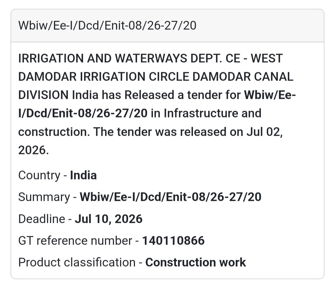 🚧 Irrigation & Waterways Civil Works Tender (Enit-08/26-27/20) | 📍West Bengal