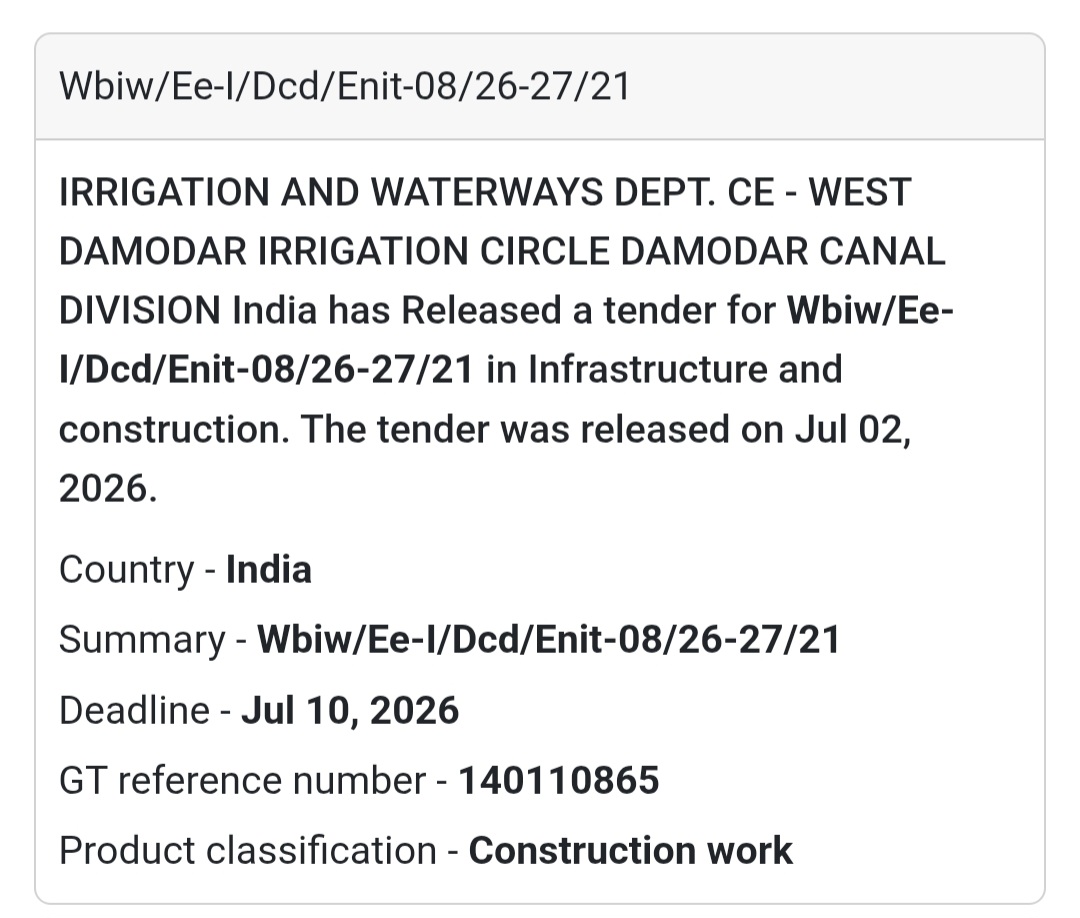 🚧 Irrigation & Waterways Civil Works Tender (Enit-08/26-27/20) | 📍West Bengal
