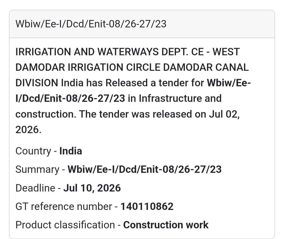 🚧 Irrigation & Waterways Civil Works Tender (Enit-08/26-27/23) | 📍West Bengal