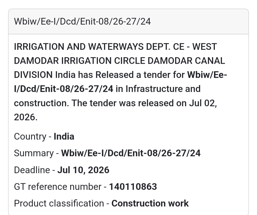 🚧 Irrigation & Waterways Civil Works Tender (Enit-08/26-27/24) | 📍West Bengal