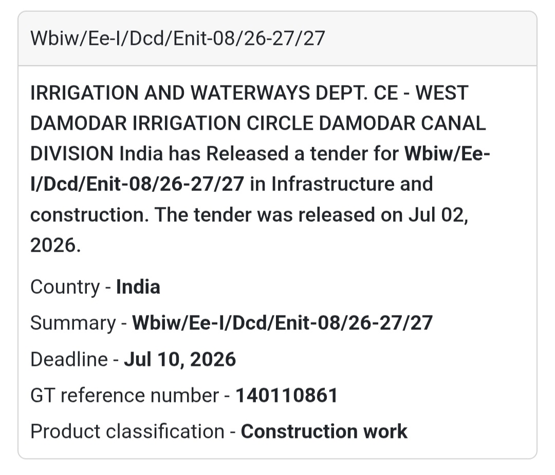 🚧 Irrigation & Waterways Civil Works Tender (Enit-08/26-27/27) | 📍West Bengal