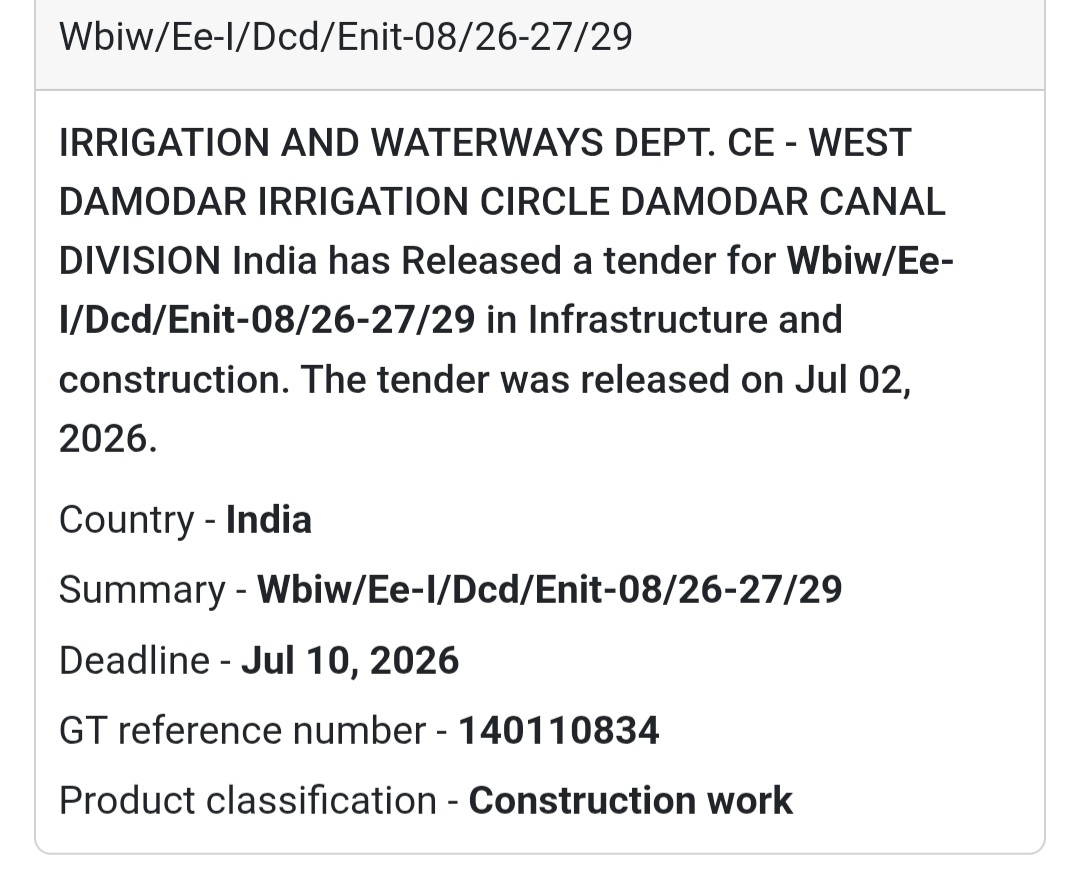 🚧 Irrigation & Waterways Civil Works Tender (Enit-08/26-27/29) | 📍West Bengal