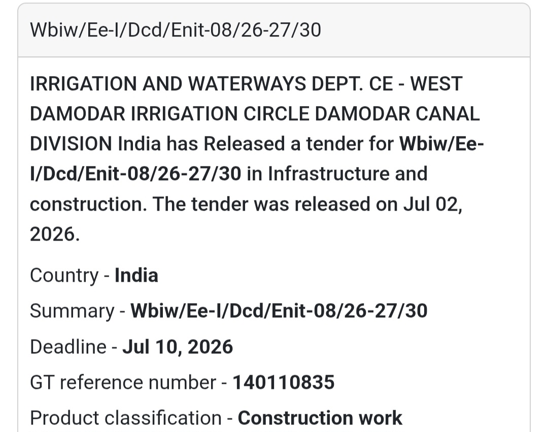 🚧 Irrigation & Waterways Civil Works Tender (Enit-08/26-27/30) | 📍West Bengal