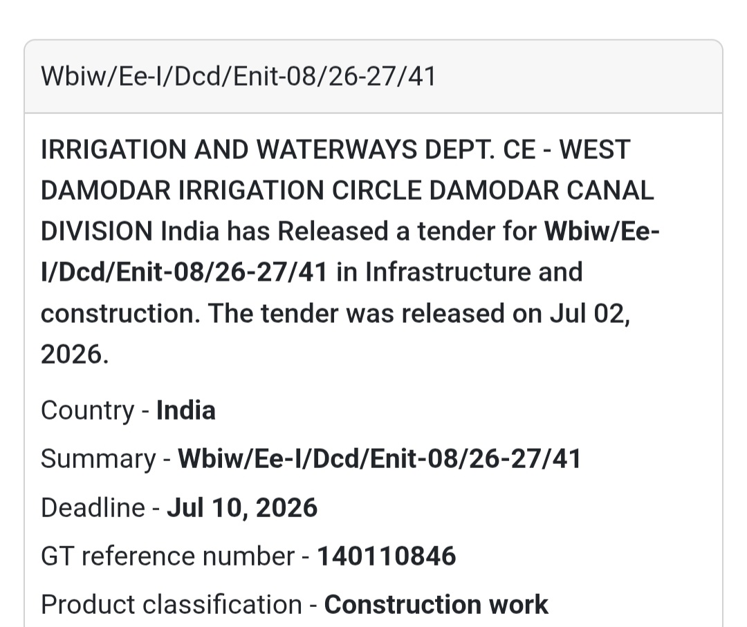 🚧 Irrigation & Waterways Civil Works Tender (Enit-08/26-27/41) | 📍West Bengal