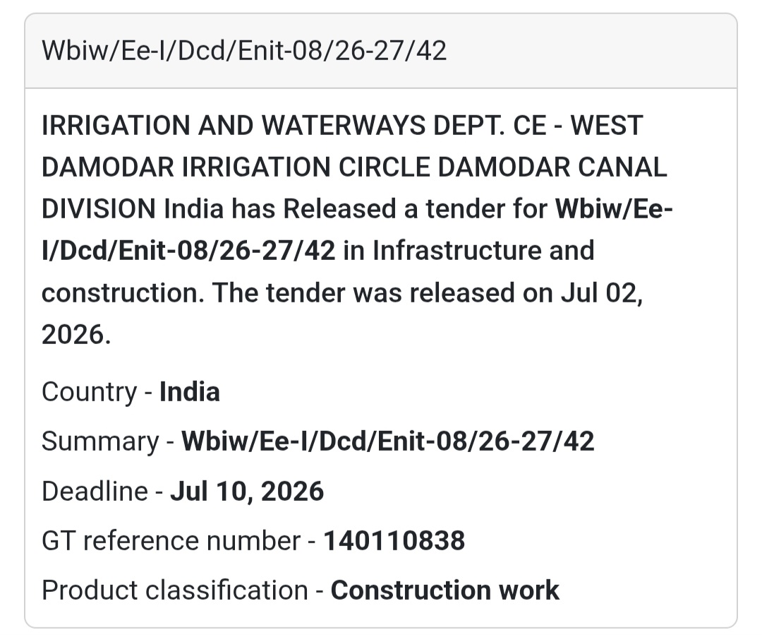 🚧 Irrigation & Waterways Civil Works Tender (Enit-08/26-27/42) | 📍West Bengal