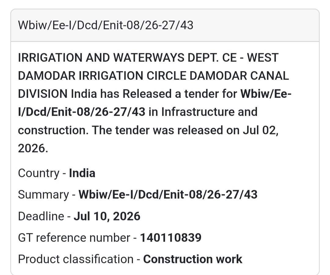 🚧 Irrigation & Waterways Civil Works Tender (Enit-08/26-27/43) | 📍West Bengal