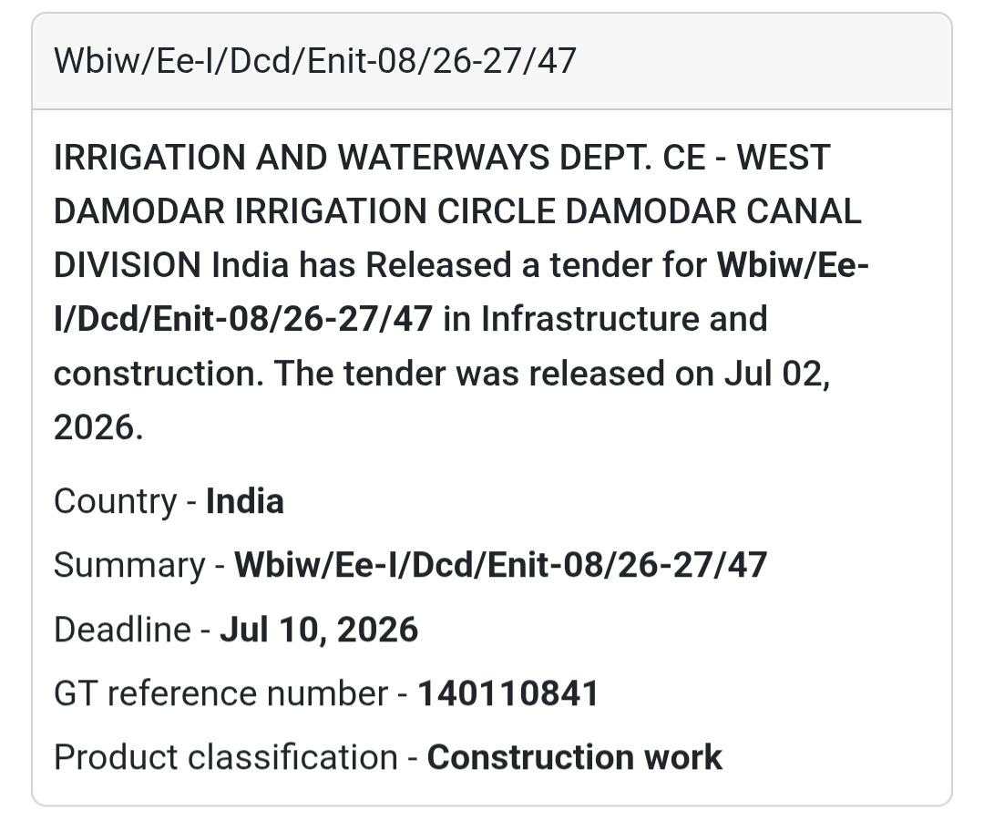 🚧 Irrigation & Waterways Civil Works Tender (Enit-08/26-27/47) | 📍West Bengal