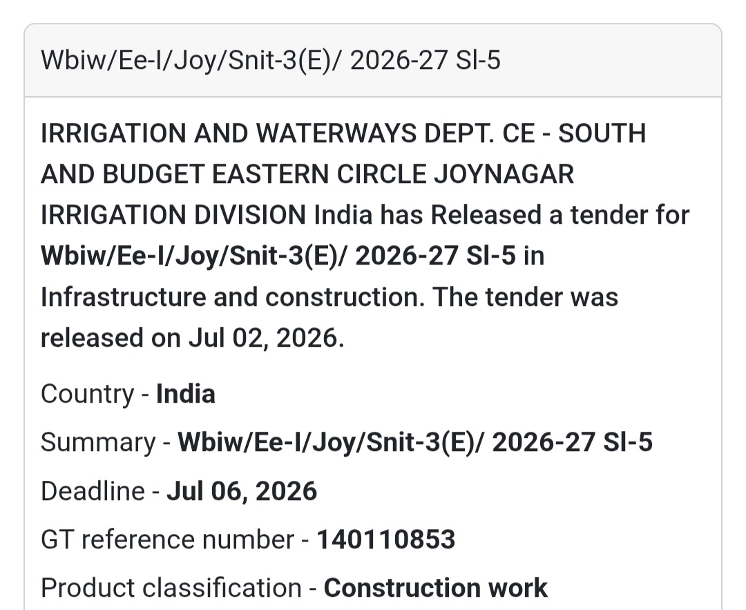🚧 Irrigation & Waterways Civil Works Tender (SNIT-3(E)/2026-27 Sl-5) | 📍Joynagar, West Bengal