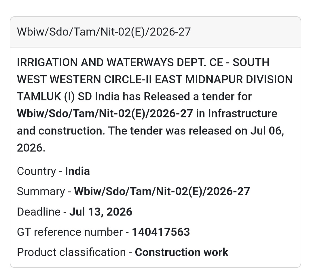 💧 Irrigation & Waterways Department Tender | East Midnapore, West Bengal