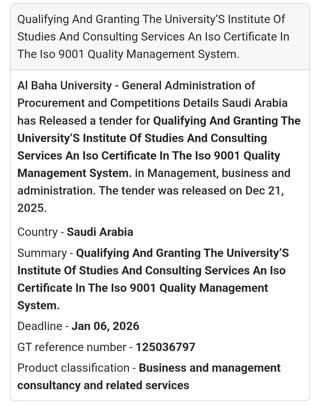 📋 ISO Certification Consultancy Tender – Saudi Arabia