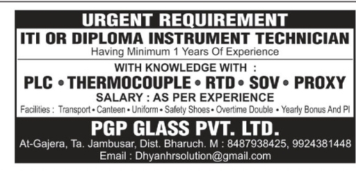 🔧 ITI/Diploma Instrument Technician Required – PGP Glass Pvt. Ltd. | Bharuch, Gujarat