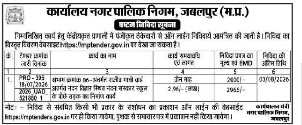 🏛️ Jabalpur Municipal Corporation – Tender Notice