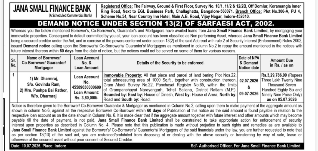 🏦 Jana Small Finance Bank – Demand Notice