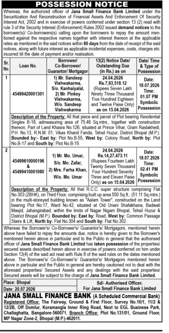 📢 Jana Small Finance Bank Issues Possession Notice – Bhopal