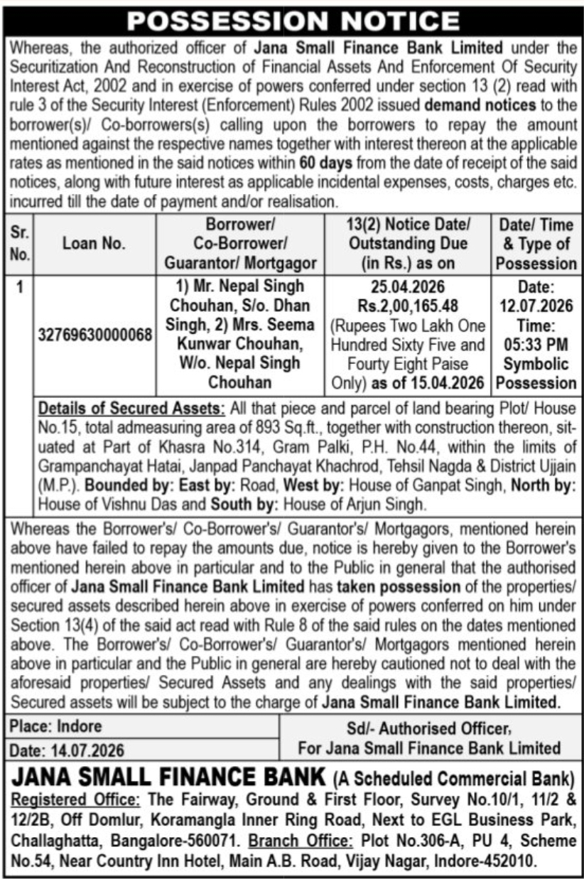 Jana Small Finance Bank – Possession Notice