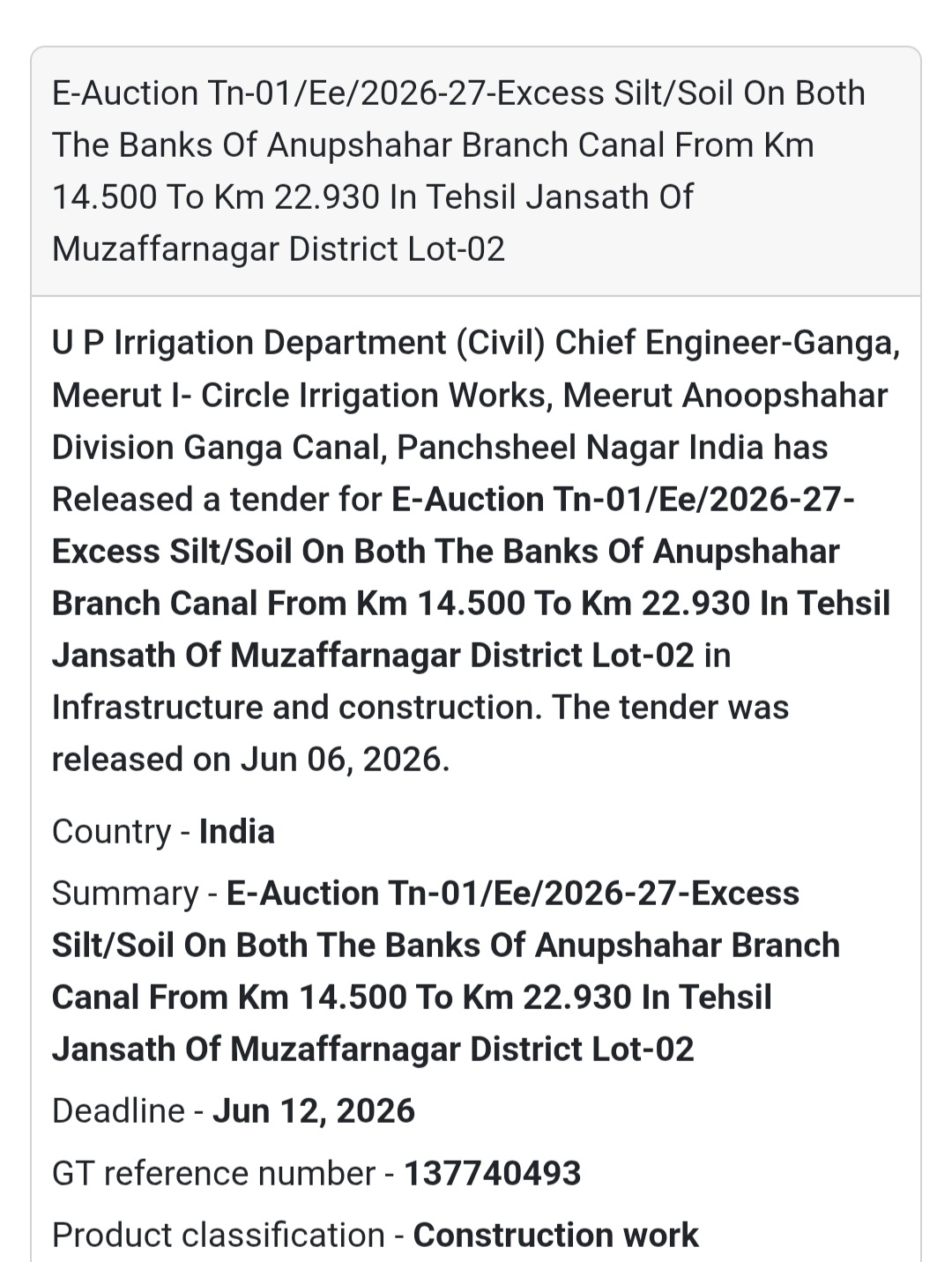 🚜 Jansath, Muzaffarnagar | E-Auction of Excess Silt/Soil from Anupshahar Branch Canal (Lot-02)