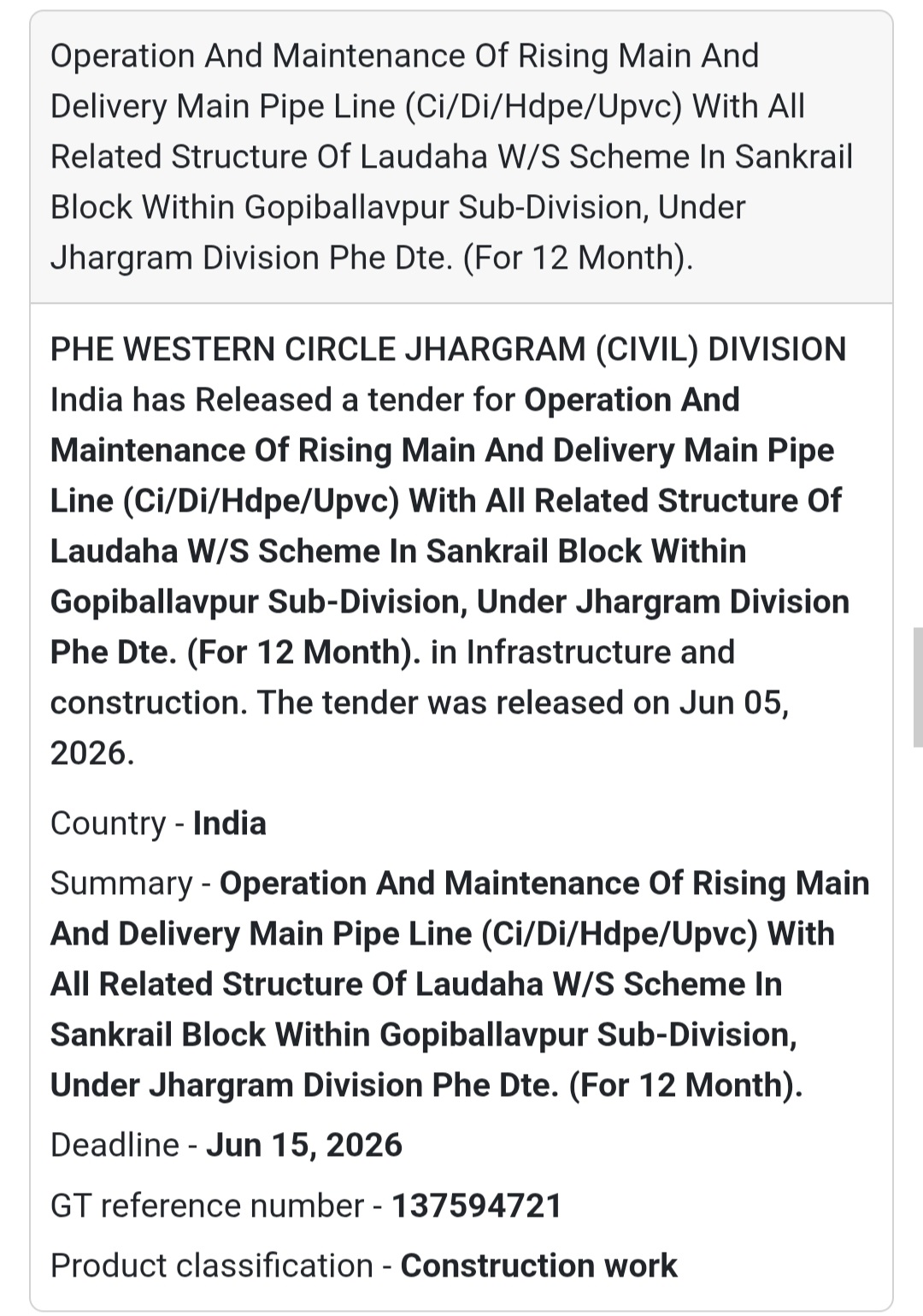 🚰 Jhargram | Water Supply Scheme Maintenance Tender