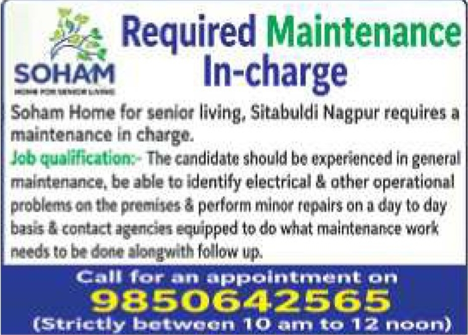 💼 Job Opening – Maintenance In-Charge
