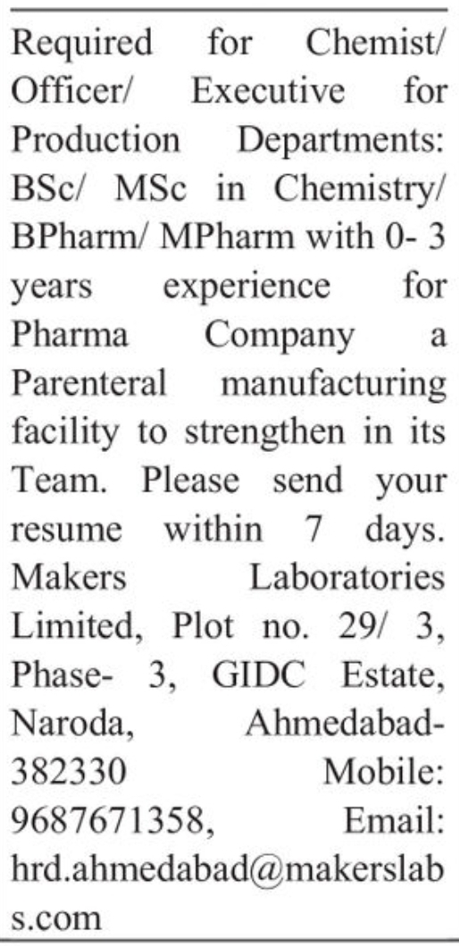 💼 JOB VACANCY – Chemist / Officer / Executive