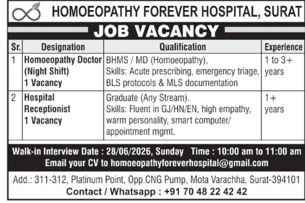 Job Vacancy – Homeopathy Forever Hospital, Surat